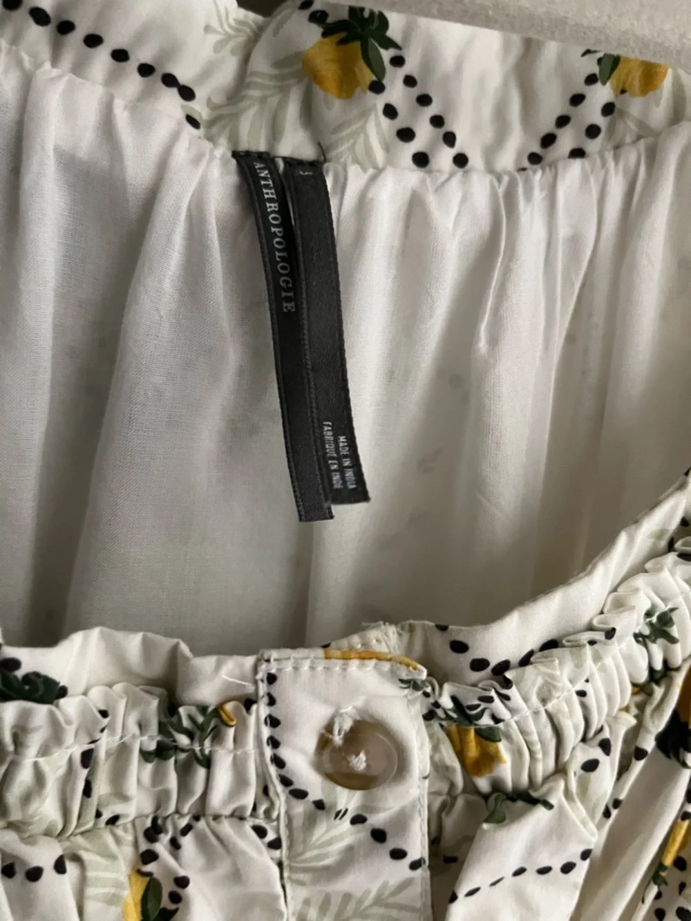 Anthropologie White Dress with Yellow Floral & Black Dot Trim size Small - Picture 6 of 8